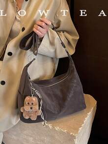 low tea 1pc Crescent Moon Shaped PU Leather Shoulder Bag, Suitable For Commuting, Shopping, Etc. (With Pendant) - Coffee - View 10