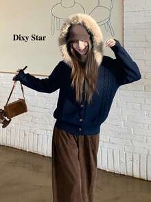 Women's Hooded Plush Patchwork Casual Versatile Daily Wear Cardigan - Navy Blue - View 3