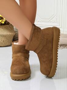 Camel Buckle Strap Decor Suede‑Look Platform Short Ankle Boots Women Winter Fashion Booties - Camel - View 3