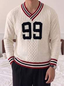 Teen Boys Beige & Contrast Color Striped V-Neck Sweater, Number Cable Knit Texture, Vintage Loose Fit Pullover Knit Top - Apricot - View 5