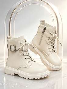 1 Pair Boys' Buckle Short Boots, Soft PU Front Lace-Up Inner Zipper Design, Round Toe Thick Sole Height-Increasing British Style Work Boots, Suitable For Boys And Girls Students Daily School And Vacation, Autumn/Winter New - Apricot - View 7