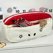 1pc Cute Women's Red/Blue Contrast Star Expression Embroidered Pencil Case, Soft Fabric Material, Multi-Layer Large Capacity Storage Pencil Case, Fresh And Adorable Style, Suitable For Students Back To School, Office Workers, Ideal Gift For Friends And Family - A - View 6
