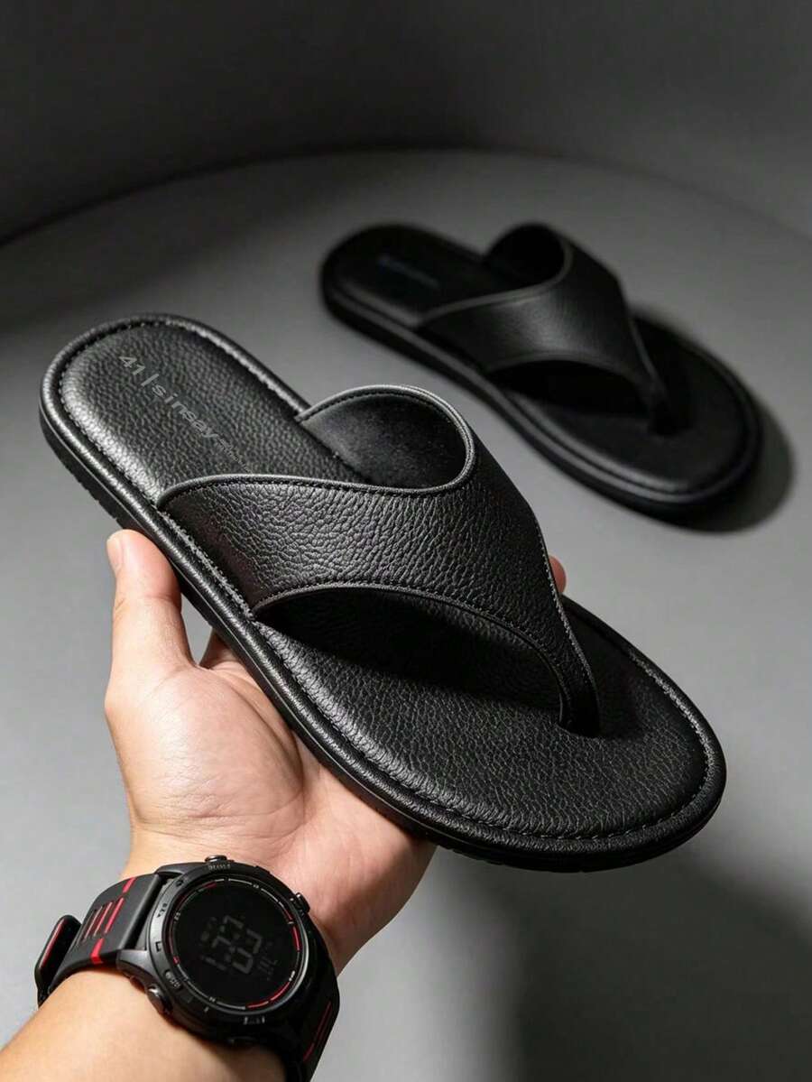 Men's Pure Black Casual Breathable Slippers, Soft Non-Slip EVA Sole Sandals, Spring Summer Fashion Outdoor Lightweight One-Strap Slides, Suitable For Daily Beach Wear - Black - View 1