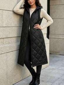 1pc Women's Casual Long Hooded Vest Top Jacket - Black - View 5