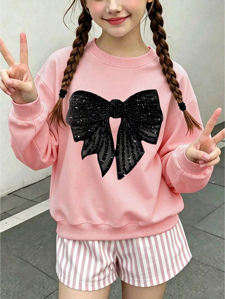 Girls' Round Neck Pullover Sweatshirt, Printed With Shiny Black Bow Pattern, Sweet Style Loose Fit, Suitable For Spring And Autumn - Pink - View 1