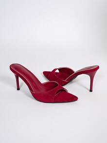 Women's Slip-On Stiletto Mule Sandals, Open Toe, Apricot, 3-Inch Heel, Casual Party Wedding Slippers - Red - View 8