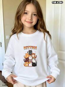 Söt sweatshirt för flickor med katttryck, lång ärm, rund hals, mjuk och andningsbar casual topp för vår och höst, utomhuslek - Vitt - Visa 4
