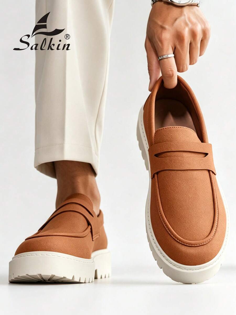 Salkin 奢華設計師男士一腳蹬便士樂福鞋 正品品牌 素色啞光皮革休閒男鞋 平價奢華適合現代生活 柔軟舒適 防滑耐磨鞋底 時尚優雅紳士社交鞋 百搭西裝 學生畢業典禮大學風運動鞋 派對宴會度假禮物 春夏秋男鞋 - 卡其色 - 查看 1