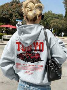 Teen Girls Hooded Sweatshirt, Red Letter And Red Sports Car Print, Soft And Machine Washable, Suitable For Travel, School And Shopping - Grey - View 1