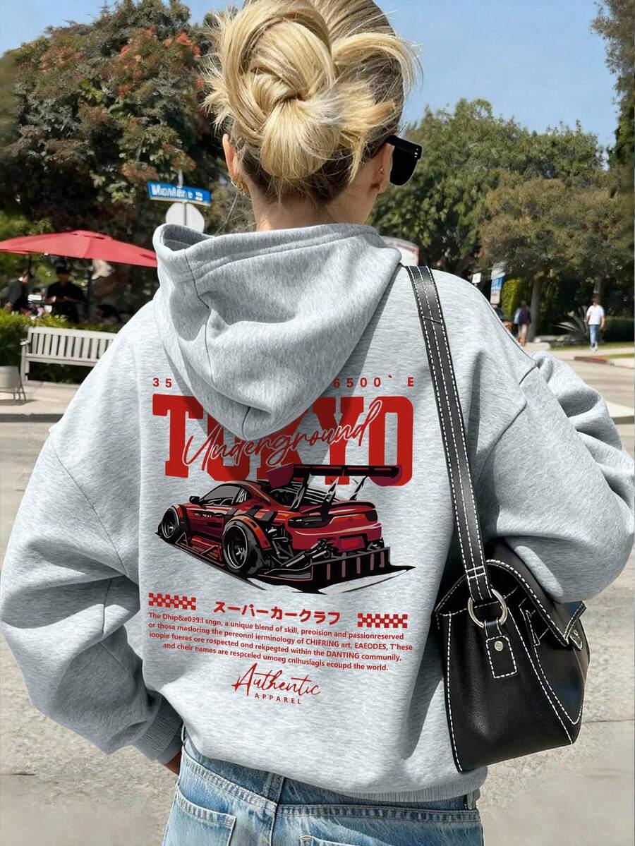 Teen Girls Hooded Sweatshirt, Red Letter And Red Sports Car Print, Soft And Machine Washable, Suitable For Travel, School And Shopping - Grey - View 1