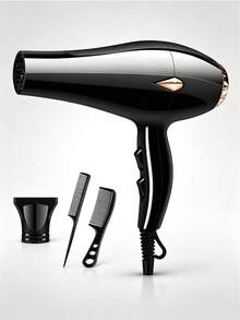 1 buah Pengering Rambut Profesional Berkecepatan Tinggi dengan Pinggiran Emas Hitam, Dapat Diatur Kecepatannya dengan Sakelar Udara Dingin/Panas, Aliran Udara Bertenaga Tinggi, Dilengkapi dengan Nosel Konsentrator dan Aksesori Sisir Lancip, Cocok untuk Penggunaan di Rumah dan Salon Profesional - Hitam - View 1