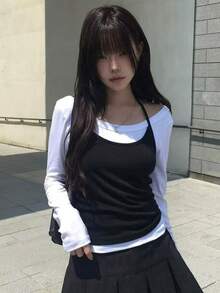Setelan Kasual 2 Potong Gaya Korea Minimalis dengan Model Tank Top Halter Neck dan Kaos Lengan Panjang - Hitam - View 1