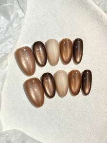 10pcs Pure Handmade Oval Press On Nails, Warm Minimalist Style, Brown Gradient Cat Eye Multicolor Design For Women And Girls, Spring Summer Fall Winter Festivals Party And Daily Life Use - Brown - View 2