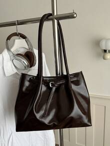 1pc Coffee Brown Buckle Strap Decor Large Capacity Solid Color PU Tote Bag Women's Shoulder Bag - Coffee Brown - View 3