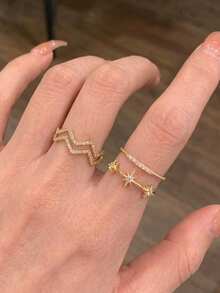 2pcs Gold Copper Rhinestone Shiny Star Wave M-Shaped Ring Set, Versatile Daily Wear, Gift For Friends - Yellow Gold - View 1