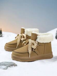 1 Pair Girls' High-Top Lace-Up Snow Boots, Thick Fleece Lining, Anti-Slip, Khaki Color, Warm Winter Boots - Camel - View 5