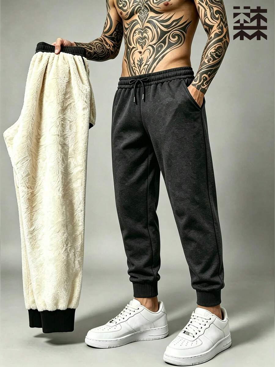mulinsen Men's Solid Color Fleece Lined Drawstring Joggers, Warm Elastic Cuffed Pockets Sweatpants, Winter Casual Long Pants - Dark Grey - View 1