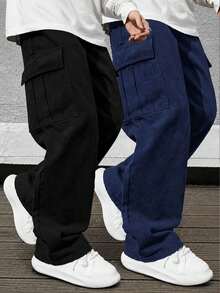 2 piezas Pantalones cargo casuales y deportivos para niños preadolescentes con bolsillos grandes, para primavera/otoño - Negro - Ver 9