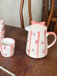 1 Set 1 Tetera 4 Tazas Juego de Té de Cerámica Resistente al Calor, Estilo Coreano Ins Lindo Pintado a Mano con Lazo | Juego de Té de Cereza, Adecuado para Tetera de Té de Flores, Hervidor de Agua de Té, Tetera de Infusión de Té, Juego de Preparación de Té, Reuniones de Fiesta, Todas las Estaciones - Multicolor - Ver 2