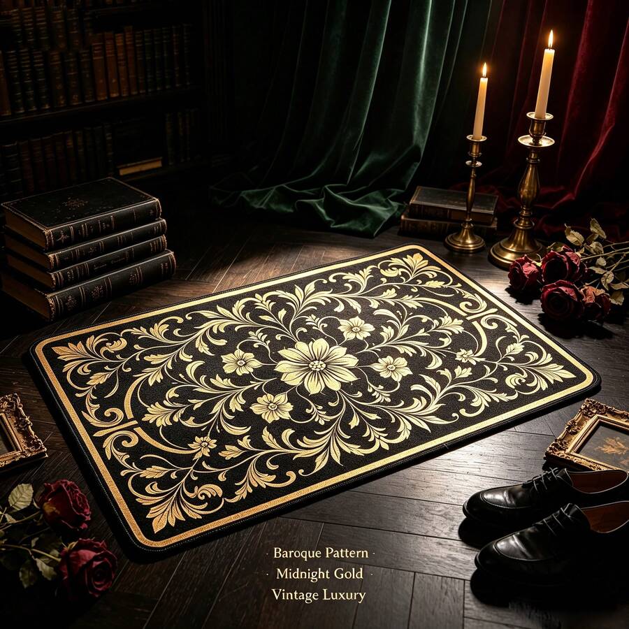 1pc Baroque Vintage Gold Leaf Pattern Gold Diamond Velvet Rug, Luxury European Style Rectangular Kitchen Entrance Mat, Soft And Easy To Clean, Hallway Entryway Doormat, All-Season Home Decor Carpet - Multicolor - View 1