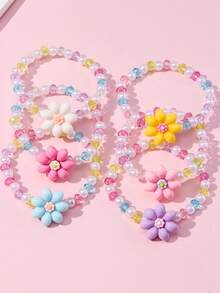 6 Pcs Flower Beaded Bracelet Set For Kids, Random Bright Colors, Cute Jewelry For Holiday Party Wear, Ideal Birthday Gift For Little Girls - Multicolor - View 4