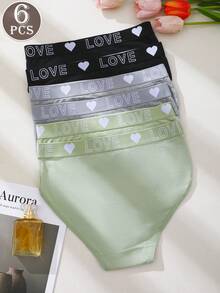 6pcs Women's Panties Triangle Briefs Fitted Underwear Solid Color Basic Style Love Letter Print Waistband Multicolor - Multicolor - View 2