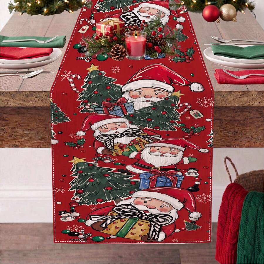 1pc Christmas Tree Santa Claus Snowflake Print Table Runner, Suitable For Holiday, Party, Birthday, Dinner, Restaurant Table Decor, Christmas Home Decoration - Multicolor - View 1