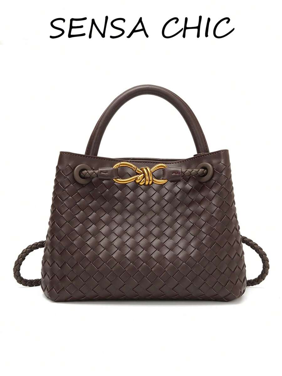 Handmade Woven Texture Handbag With Metal Rope Knot Buckle Decoration, Dual-Use Tote And Crossbody Bag For Makeup, Phone And Personal Items, Rope Buckle Closure, Light Luxury Vintage Style, Small Tote Bag For Women, Suitable For Dating, Commuting, Party And Travel - Coffee - View 1