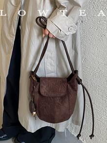 low tea 1pc Small Bucket Suede Fabric Shoulder Bag Suitable For Commuting, Shopping, Etc. (With Pendant) - Coffee - View 8