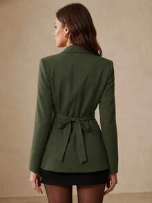 Women's Olive Green Lightweight Blazer, Lace Lapel, Long Sleeve Regular Fit, Back Tie Design, Suitable For Autumn/Winter Wear - Dark Green - View 3