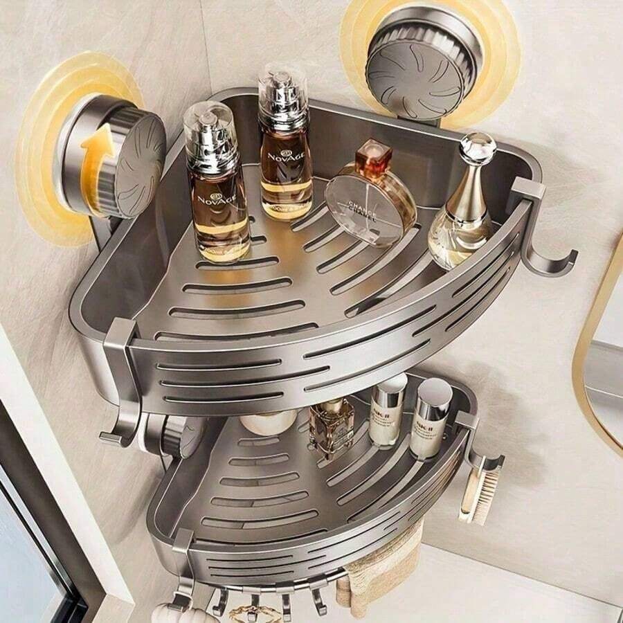 2 Packs No Drill Corner Shower Caddy/Suction Cup Bathroom Organizer Shelf For Sink And Toilet/Rustproof Wall Mount Storage Rack/Adhesive Triangle Basket