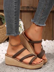 Spring/Summer New Vintage Classic Wedge Heel Thick Sole Sandals For Women, Casual Comfortable Open Toe Outdoor Wear - Coffee - View 5
