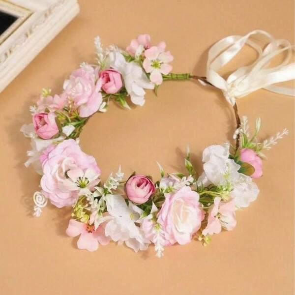 1pc Girl European American Mori Style Artificial Flower Wreath, Faux Pleated Rose Bud, Hydrangea, Camellia, Flower Fork Wreath, Suitable For Beach Travel And Photography, Fairy-Like Hair Accessory With Adjustable Satin Ribbon