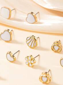 6 Pairs Minimalist Fashion Women's Stud Earrings Set, Floral Heart Square Shell Unique Designs, Casual Daily Commute Wear Jewelry Gift - White - View 3