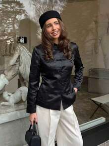 Women's Fashion Black Short Jacket, Stand Collar Design, Button Details, New Chinese Style Jacket. Perfect Choice For Creating Elegant Autumn Looks. - Black - View 4