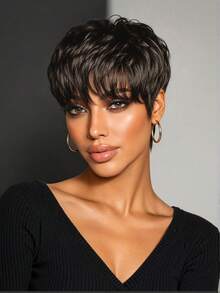 8 Inch Natural Black Elf Bob Wig With Bangs, Heat-Resistant Synthetic Fiber, Breathable Adjustable Mesh Cap, Suitable For Daily Wear, Office, Dating, Halloween Party - Black - View 2