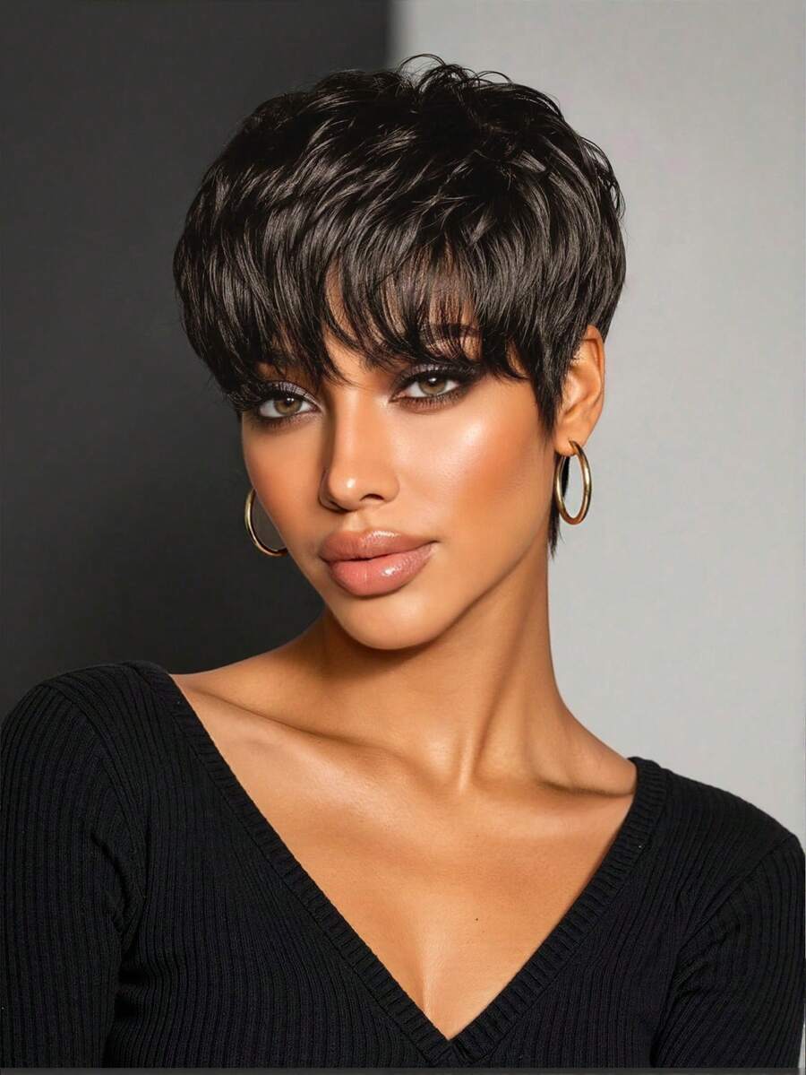 8 Inch Natural Black Elf Bob Wig With Bangs, Heat-Resistant Synthetic Fiber, Breathable Adjustable Mesh Cap, Suitable For Daily Wear, Office, Dating, Halloween Party