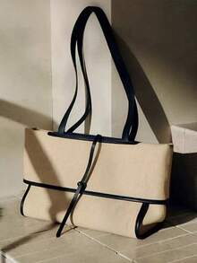 Niche Design Minimalist Canvas Tote Bag, Vintage Large Capacity Daily Commute Handbag, Casual Versatile Shoulder Bag For Women - Beige - View 9