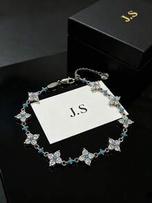 1pc Elegant Clover Charm Bracelet For Women, Turquoise Inlaid Cubic Zirconia Stainless Steel Adjustable Hand Jewelry For Daily Party Wear - Multicolor - View 7