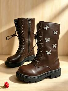 Order One Size Up, Refer To Size Chart. A Pair Of Butterfly High-Top Children's Boots, Non-Slip Rubber Sole, Wear-Resistant Soft, Easy To Put On And Take Off, Breathable, 3D Butterfly Design, Cute Princess Boots - Brown - View 5