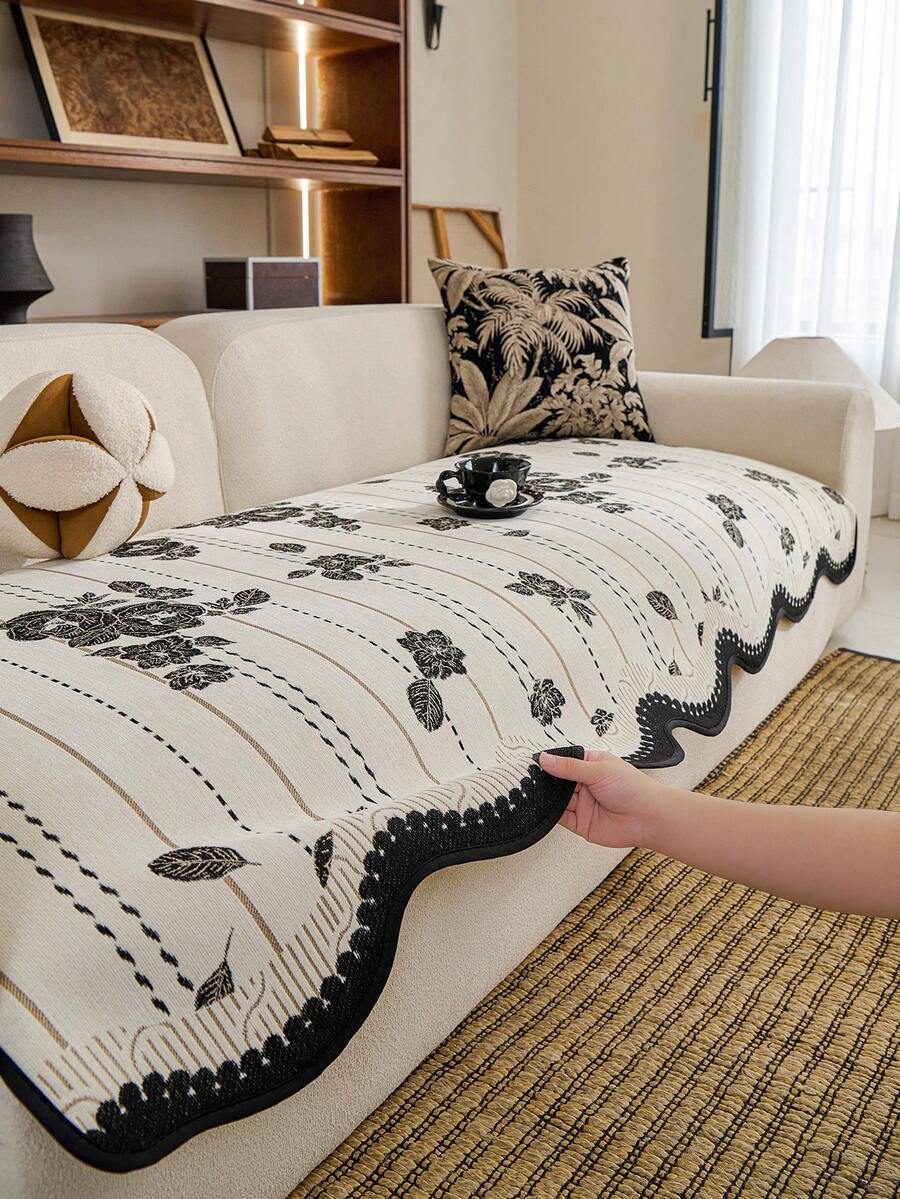 1‑Piece Vintage Floral Jacquard Sofa Pad, Reversible Scalloped Edge Sofa Cover, Anti‑Slip Textured Couch Protector For Farmhouse Living Room Home Decor - Beige - View 1