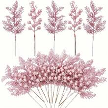 10pcs Mixed Simulation Pink Pine Needles And Shiny Berries Stem - Glossy Surface, Exquisite Christmas Branches, For Holiday Decorations, Wreaths, Vase Centerpieces, Seasonal Tabletop Decor, Festive Table Additions, Perfect For Christmas Tree - Multicolor - View 1