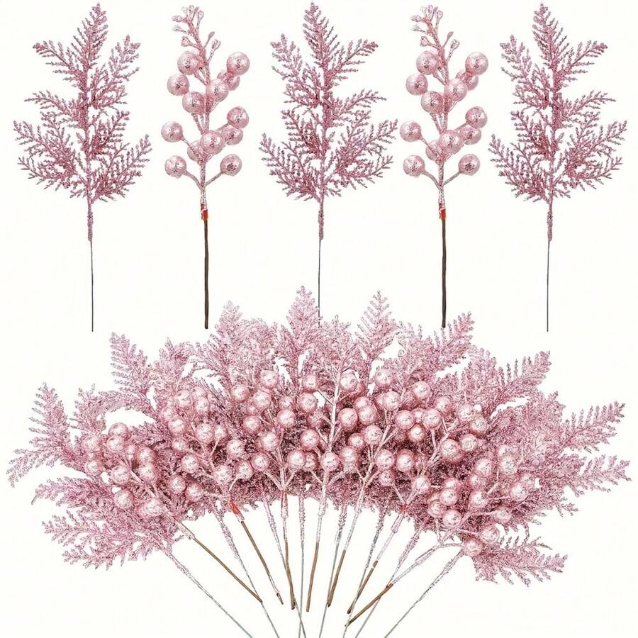 10pcs Mixed Simulation Pink Pine Needles And Shiny Berries Stem - Glossy Surface, Exquisite Christmas Branches, For Holiday Decorations, Wreaths, Vase Centerpieces, Seasonal Tabletop Decor, Festive Table Additions, Perfect For Christmas Tree - Multicolor - View 1