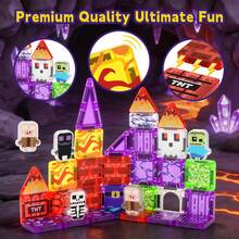 Halloween Magnetic Tiles Building Blocks World Theme Magnetic Tile Construction Toy Set, With Pattern Printed Magnetic Tiles And Mini Character Figures, STEM Creative Castle Building Toy, Suitable For Boys And Girls Aged 3 And Above, Holiday Birthday Gift, Halloween, Christmas - Color - View 3
