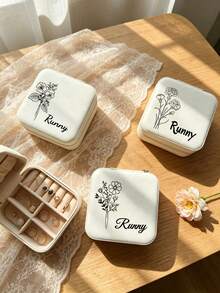 Personalized Jewelry Box, Travel Jewelry Box, PU Leather Jewelry Storage Box, Best Friend Gift, Mother's Day Gift, Holiday Gift Box, Portable Jewelry Box, Customized Name Jewelry Box, Artistic Floral PU Square Jewelry Box, Supports Personalized Name Initial Customization. Portable Travel Leather Ring Box, Compact And Easy To Store In Bag, Can Store Rings, Necklaces, Earrings, Zipper Closure Dust-Proof And Anti-Drop. - Multicolor - View 5
