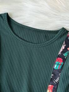 Young Girls Christmas Girls' Holiday Style Contrast Color Ruffle 2 In 1 Pinafore Dress, Autumn/Winter Long Sleeve Cute Bow Decor Round Neck Christmas Tree Santa Claus Gift Box Bow Candy Cane Bell Print A-Line Dress - Dark Green - View 6