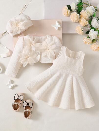 Baby Girls' Cute Elegant Solid Color Round Neck 3D Pearl Flower Decor Long Sleeve Cardigan Jacket With Round Neck Sleeveless A-Line Tank Top Dress, Matching Beret Hat, 2-Piece Set, Tweed 3D Flower Jacket + Dress + Hat, Baby Party Dress, Autumn/Winter, Stylish 3D Flower Jacket + Spaghetti Strap Dress + Beret Hat, Baby Photo Outfit, Suitable For Daily Wear, Outings, Photoshoots, Parties