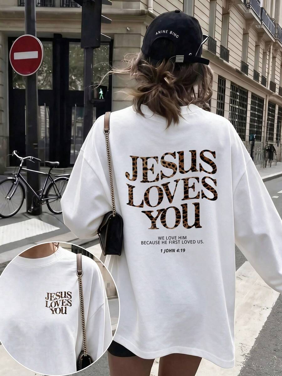 Plus Size Women's Leopard Print "Jesus Loves You" Bible Verse Long Sleeve T-Shirt, Moderate Stretch Crew Neck Loose Casual Autumn Top - White - View 1