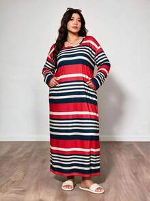Women's Striped Print Long Nightgown, Plus Size Comfortable Long Sleeve Sleep Dress, Suitable For Autumn/Winter - Multicolor - View 4