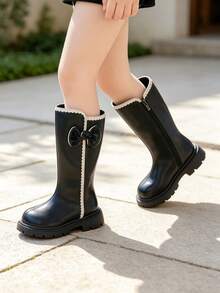 Girls' Black Lace Bow Long Boots | Back Zipper Thick Sole Anti-Slip Style Autumn/Winter Princess Boots - Black - View 7